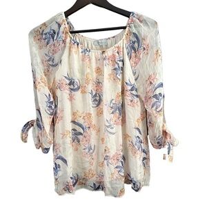 Angela Moda Silk Floral Print Cream Women's Top Ribbon Sleeves Sz S Cottagecore